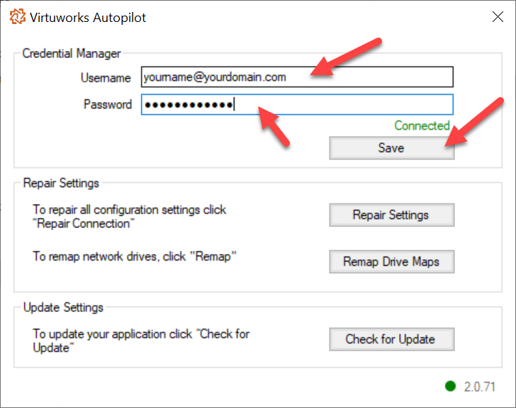 Make sure your username and password show here properly and that the agent shows connected.
